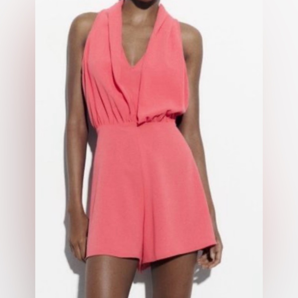 NEW Zara Women's SHORT HALTER JUMPSUIT / Romper  Coral Pink